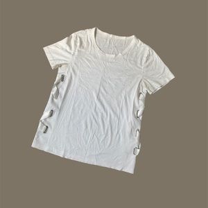 white crew neck t-shirt with side lace-up design